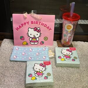 Hello Kitty cold beverage tumbler, pencil case, napkins, and gift bag set!